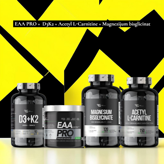 Basic Supplements paket D3+K2 90 softgel kapsula EAA Pro 300g Magnesium Bisglycinate 120 kapsula Acetyl L-Carnitine Pro 150 vegan kapsula.